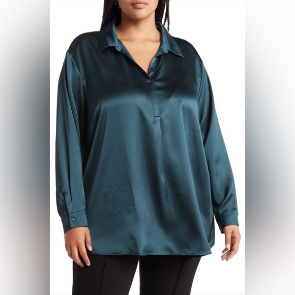 PLEIONE | Anthropologie Dusty Blue Long Sleeve Polo Satin Blouse - Picture 1 of 13